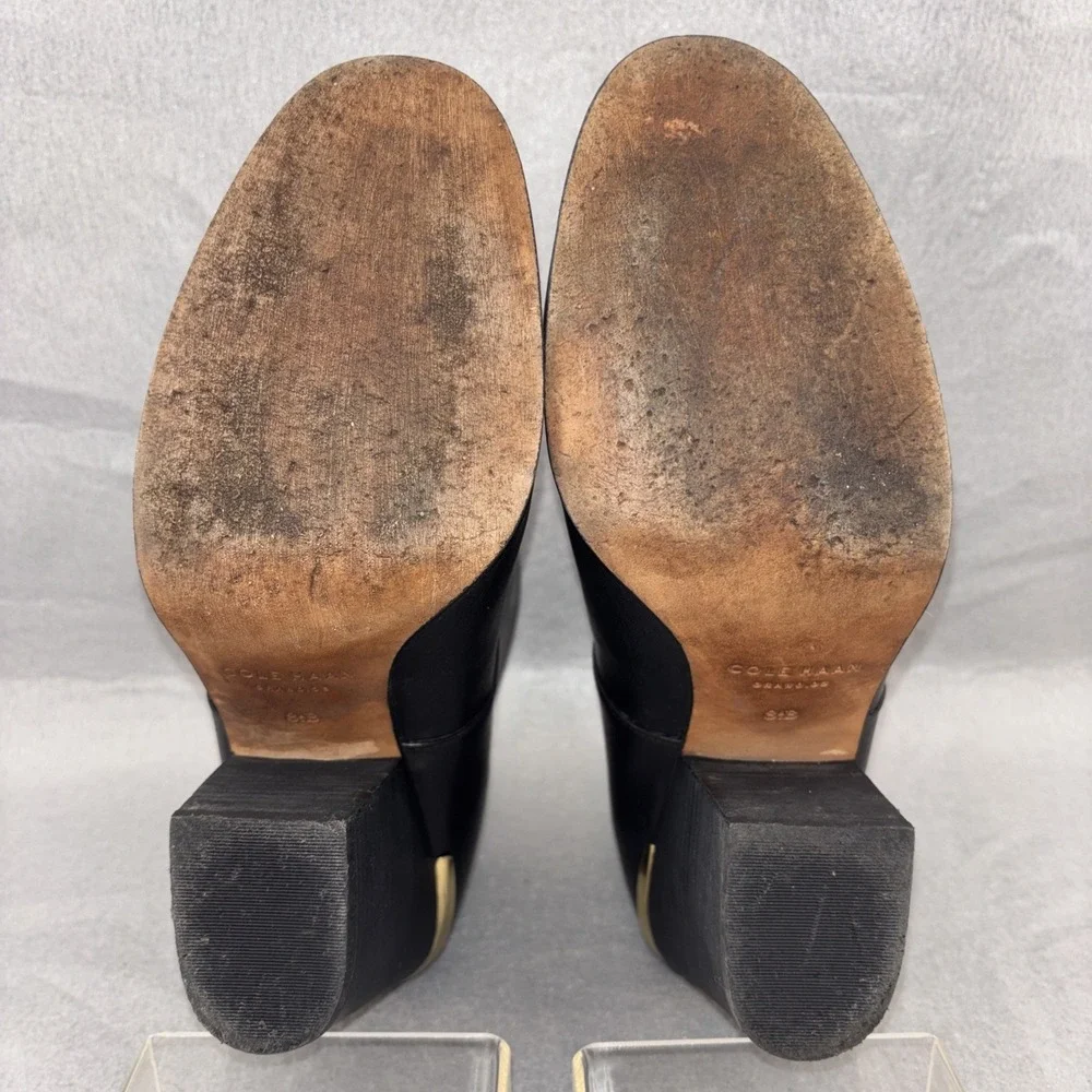 Cole Haan HAYDEN Grand.OS Black Leather Ankle Boots Block Heel Gold Accents W8.5